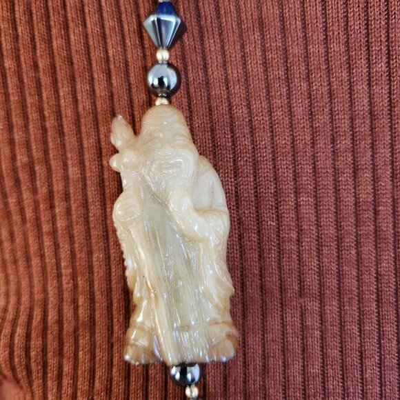 Vintage Hematite, Cloisonné Beaded Necklace with Jade Figurine 33” - Picture 3 of 7